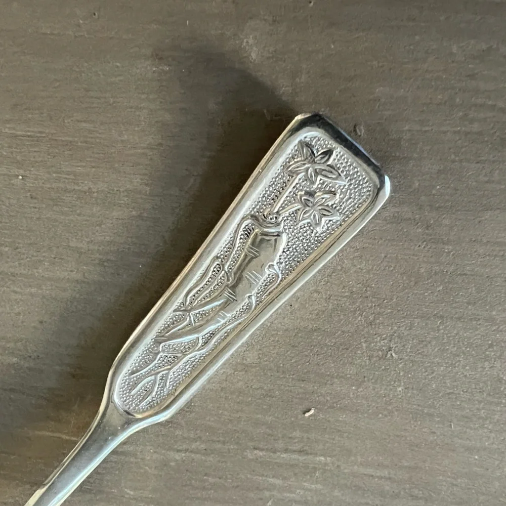 Vintage Korean Stainless Steel Spoon with Engraved Ginseng Root Handle